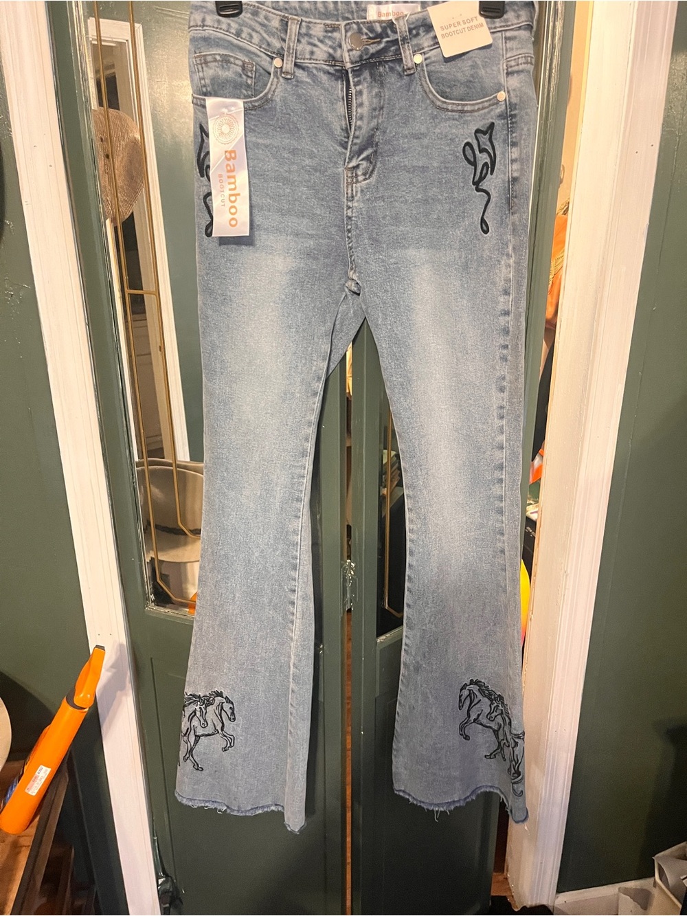 BAMBOO Light Blue Flare Jeans with Black Embroidered Horse Motifs
